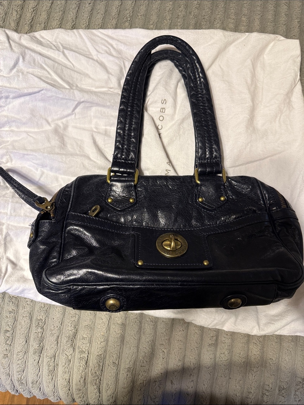 Marc Jacobs Black Leather Shoulder Bag with Brass Hardware